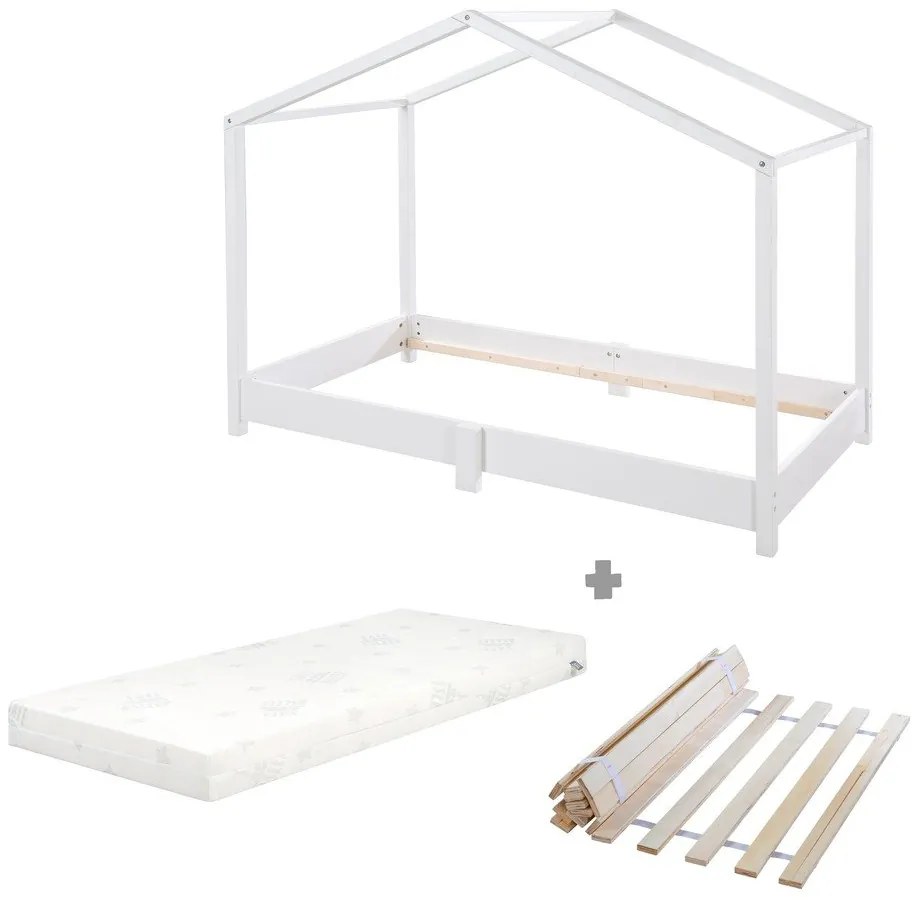 Białe łóżko dziecięce z litego drewna w kształcie domku z materacem/ze stelażem 70x140 cm – Roba