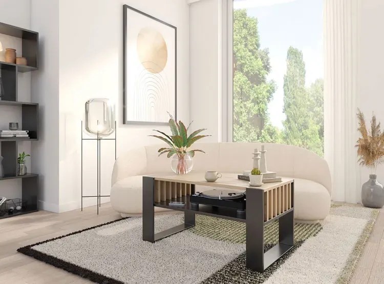 Stolik Kawowy Nowoczesny Czarny Z Lamelami + Dąb 200 X 170 Cm H8-P69