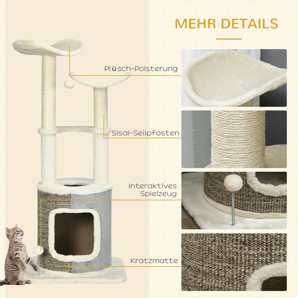 PawHut Drapak dla Kota z Domkiem Platformy Drapaki Pluszowy obramowanie Kremowy 48x48x110cm | Aosom PL