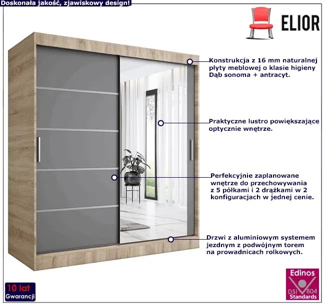 Szafa przesuwna 180 cm dąb sonoma + antracyt - Marmos 5X