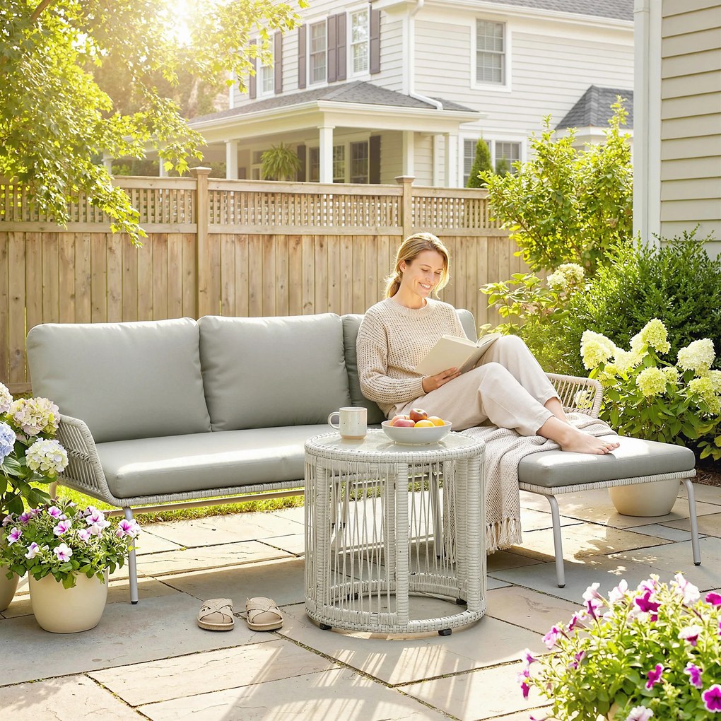 Outsunny Polyrattan Zestaw mebli ogrodowych 3-częściowy, zestaw wypoczynkowy z leżanką, sofą dwuosobową i szklanym stolikiem | Aosom PL