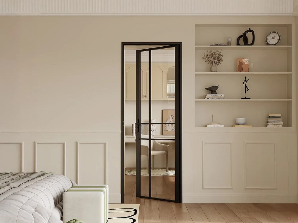 Odwracalne drzwi z asymetrycznym designem, wykonane z aluminium i szkła hartowanego - W204 x S73 cm - Czarne - SANIVA