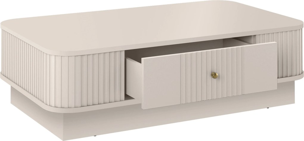 Stolik kawowy Vesper 103x60 cm z szufladą na cokole - kaszmir / złoty uchwyt