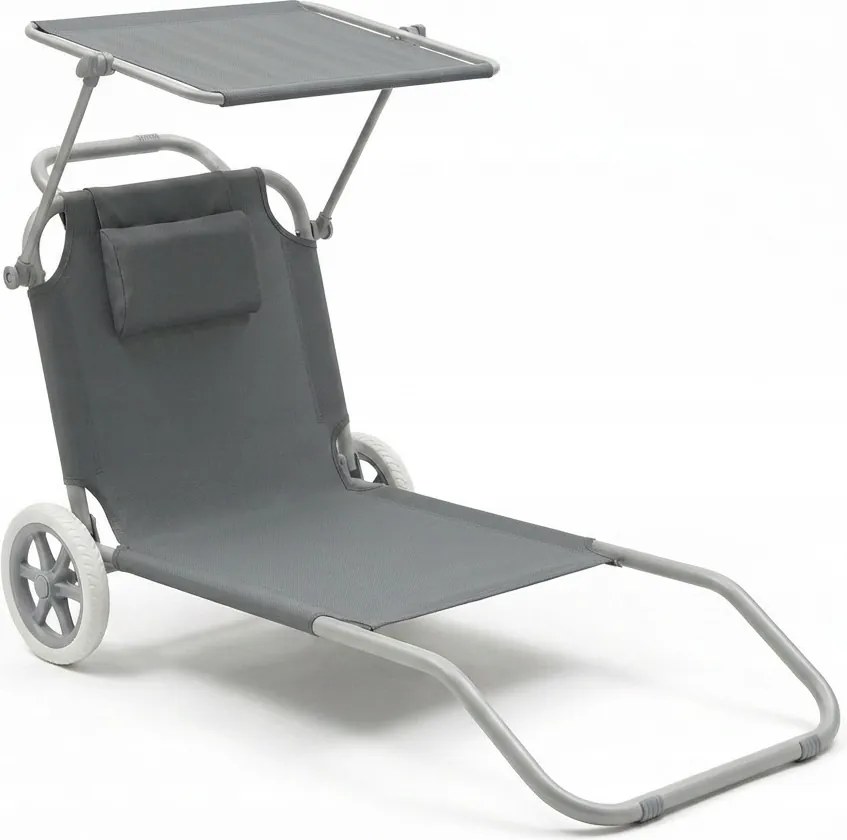 Leżak plażowy Solmare z daszkiem i kołami - składany leżak ogrodowy, ciemnoszary