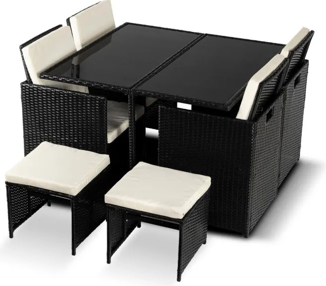 Zestaw Mebli Ogrodowych BONITO Czarny/Kremowy Fotele Pufy Stolik Technorattan Nowoczesny