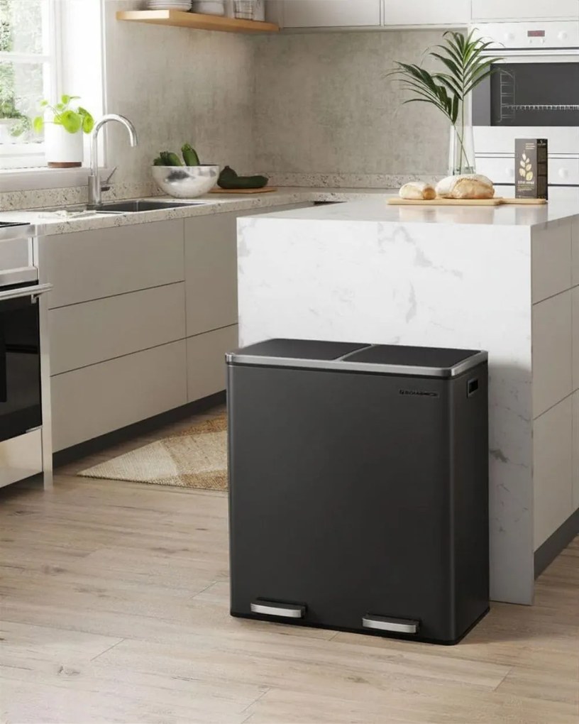 Kosz do segregacji odpadów SORT, 2x30 l + worki na śmieci, czarny/srebrno SongmicsHome