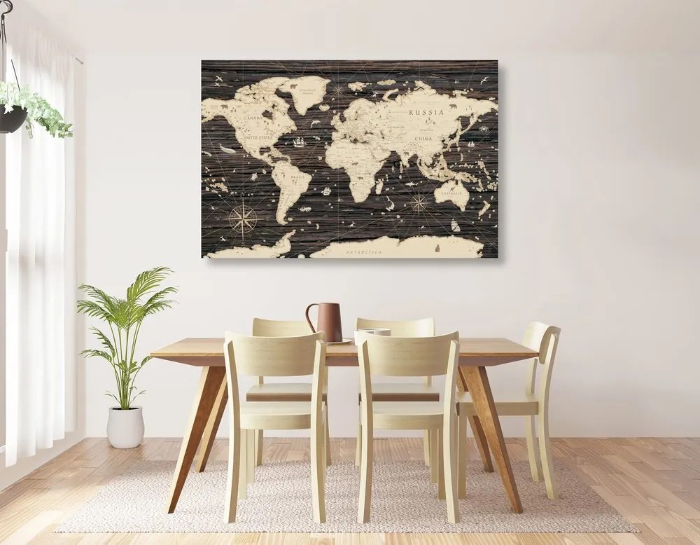Obraz na korku mapa na drewnianym tle