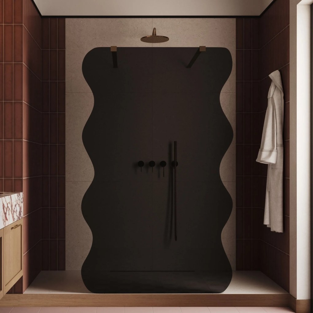 Ścianka prysznicowa Walk in szkło czarne falowane 8mm MOLIS Wave Duo Black MASSI | Różne rozmiary : Kolor profili kabiny - złoty, Szerokość ścianki - 90 cm , Typ montażu - WALK IN