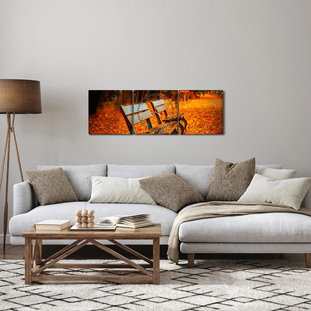 Obraz ławki jesienią (z zegarem) (90x30 cm)