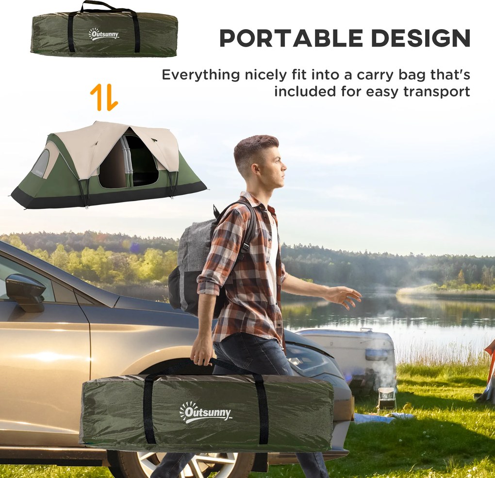 Namiot kempingowy Outsunny, 2 pokoje, ścianka działowa, dla 6 osób, z ochroną przeciwdeszczową, ciemnozielony