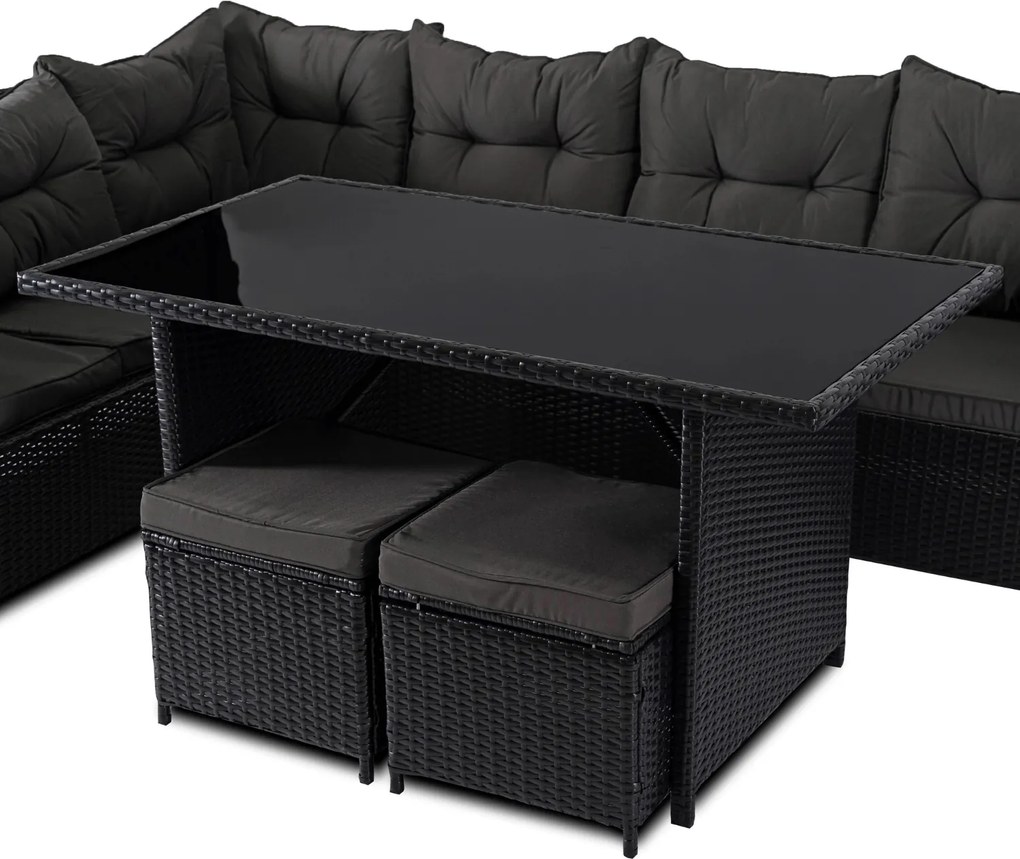 Zestaw mebli ogrodowych Dallas - narożnik, pufy i stół obiadowy, czarny/ciemnoszary