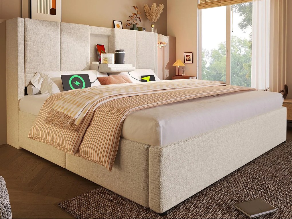 Tapicerowane łóżko z pojemnikiem 140x200cm - z ukrytym schowkiem na kubki - z portami USB i Type-C - z stelażem lamelowym - Len - Beżowy (bez materaca)