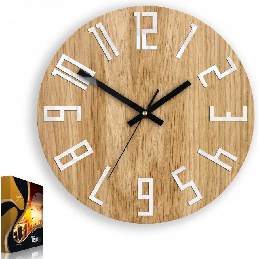 Zegar na ścianę nowoczesny drewniany z dużymi cyframi okrągły cichy loft