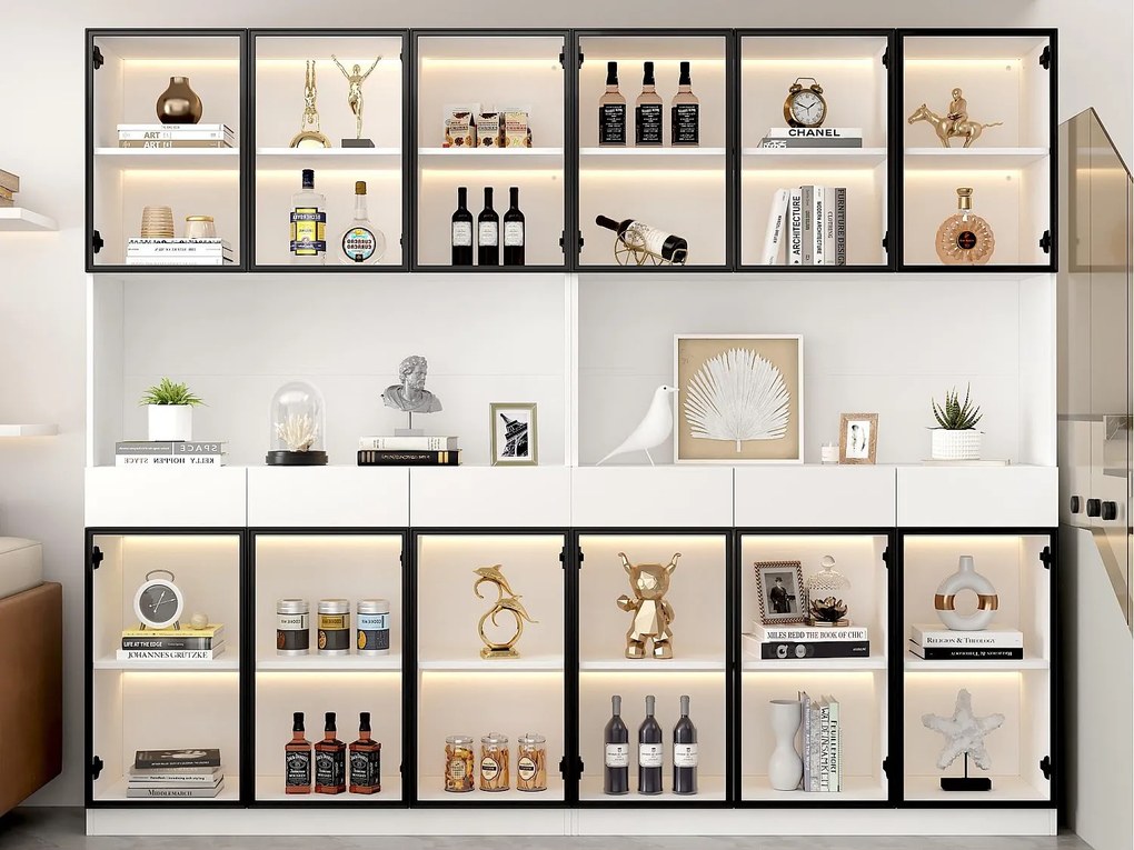 Witryna 240x36x200 cm z LED - 12 drzwi szklanych i 6 szuflady - Biała