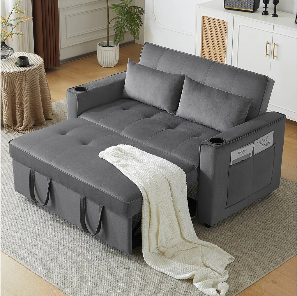 Sofa rozkładana 3 w 1 z regulowanym oparciem i uchwytami na kubki, szary aksamit, do małych przestrzeni lub kawalerek