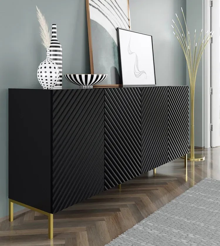 Komoda z półkami 200 cm czarny mat + czarne nóżki - Resa 4X