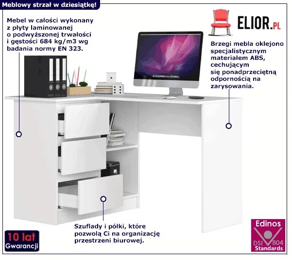 Białe Biurko Komputerowe Rogowe Z Szufladami I Półkami Do Pokoju Bilef 3X