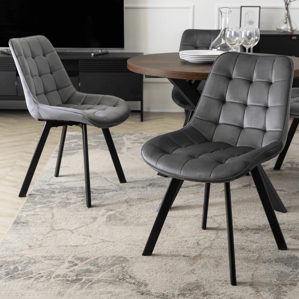 Zestaw Stół Okrągły Rozkładany LUKAS 100-250 cm Dąb Rustykalny/Czarny i 4 Krzesła Tapicerowane RICK Szare Welurowe Nowoczesne