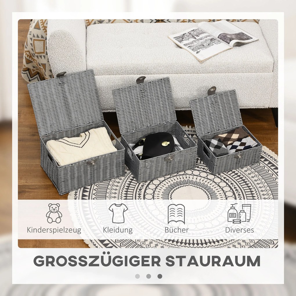 HOMCOM Zestaw 3 koszy do przechowywania z PE-Rattanu Szare z zapięciem i uchwytami 355x285x18cm | Aosom PL