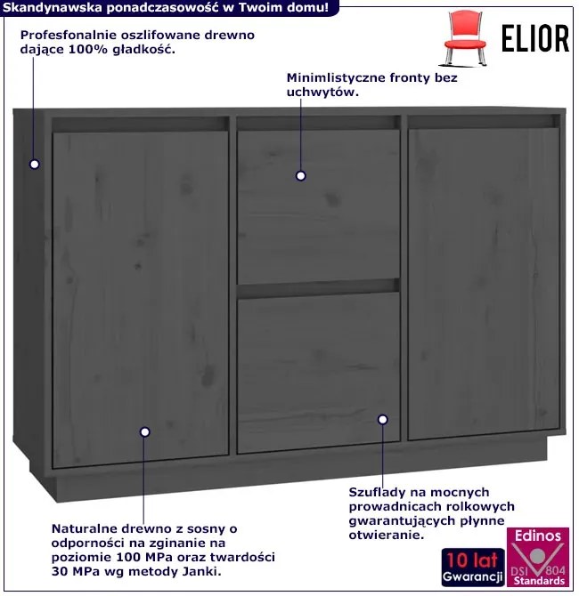 Szara komoda z litego drewna z 2 szufladami C5-P29