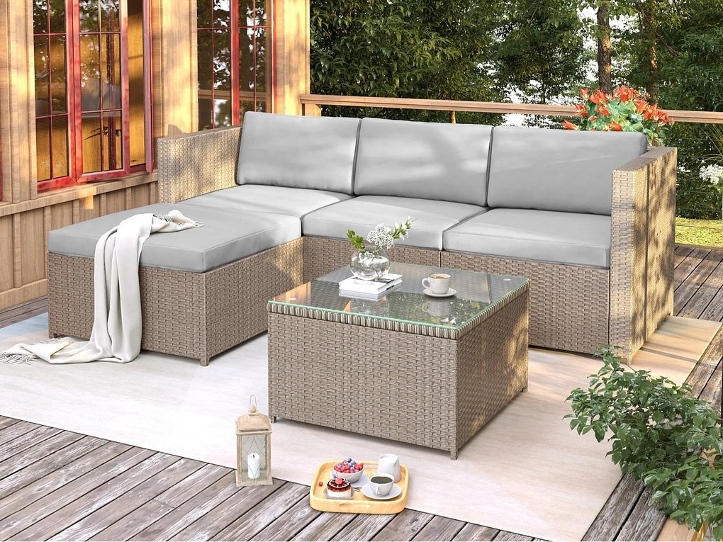 Salon ogrodowy z plecionego tworzywa - Kanapa narożna zewnętrzna ze stolikiem kawowym - 4 osoby - Khaki