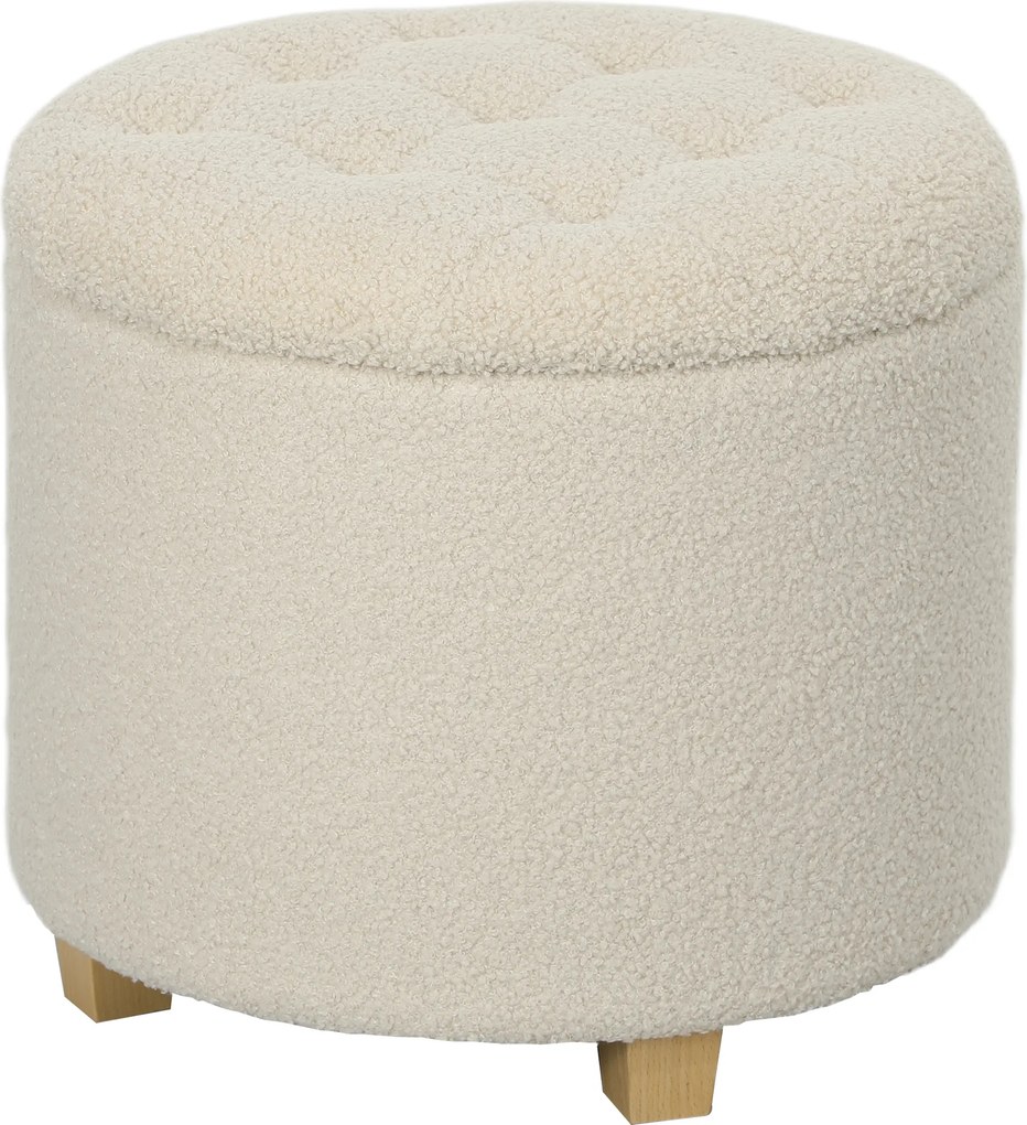 HOMCOM Okrągły stołek z miejscem do przechowywania, wiekiem i nogami z drewna, pufa do salonu, przedpokoju, sypialni, kremowobiały