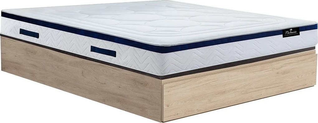 Zestaw 140 x 190 cm stelaż z jasną naturalną skrzynią i szufladą + materac o grub. 30 cm ze sprężynami kieszeniowymi - MARQUIS marki PALACIO