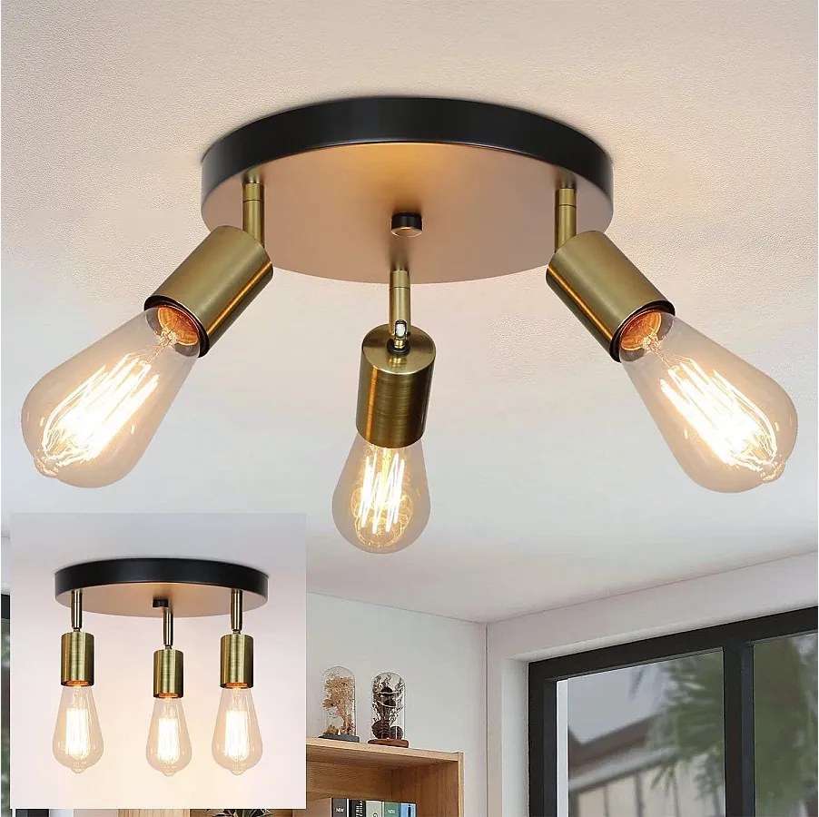 NETTLIFE Lampa sufitowa 3 punkty sufitowe Maks. 25W E27 Vintage płomień okrągły nowoczesny żyrandol obrotowy do sypialni jadalnia kuchnia przedpokój salon