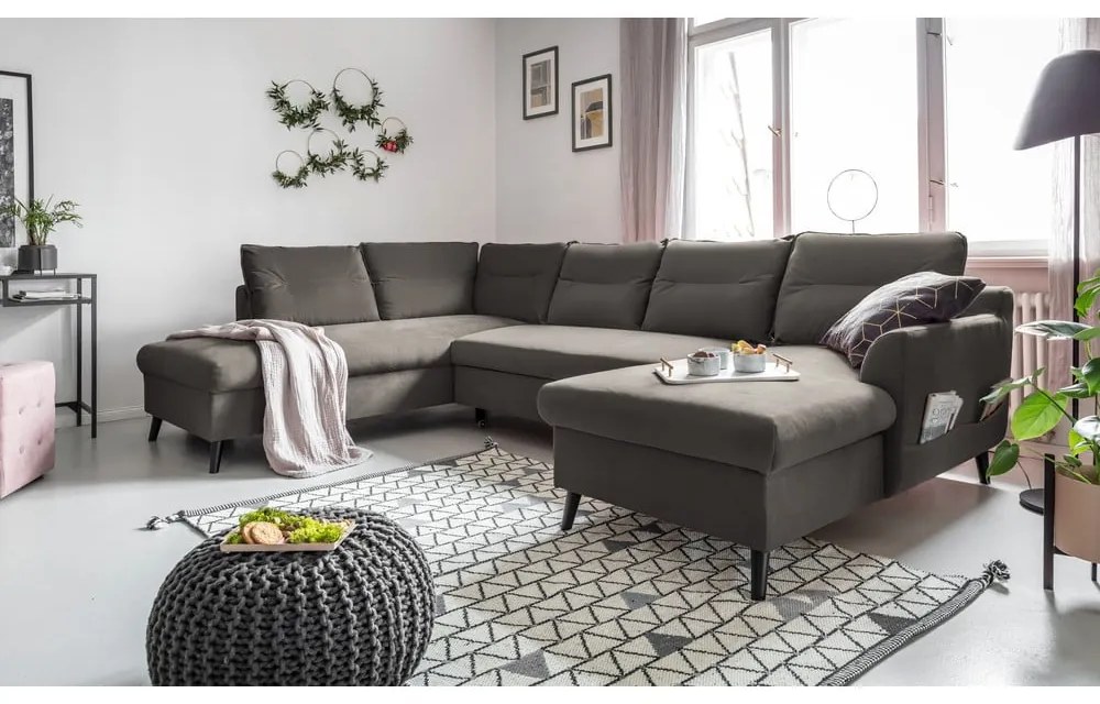 Ciemnoszara aksamitna rozkładana sofa w kształcie litery "U" Miuform Stylish Stan, lewostronna