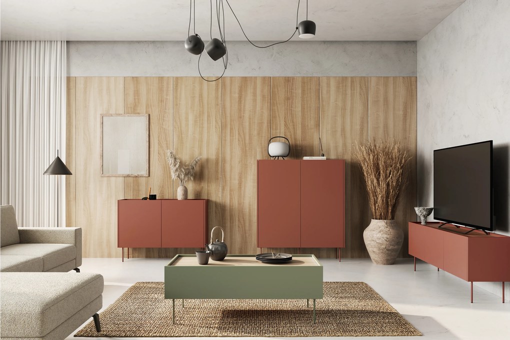 Komoda Desin 120 cm z metalowymi nogami - ceramic red / dąb nagano