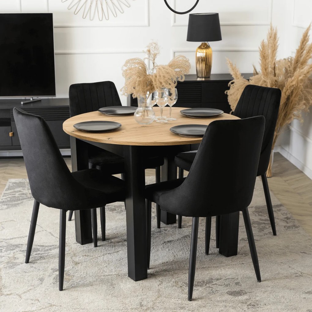 Zestaw Stół Okrągły Rozkładany HARRY 102-142 cm Dąb Artisan/Czarny i 4 Krzesła Tapicerowane BARI Czarne Nowoczesne