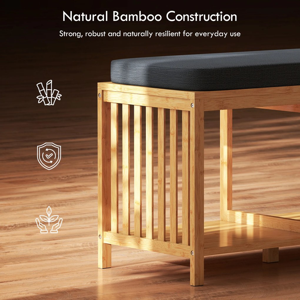 HOMCOM Bambusowa ławka na buty, ławka do przedpokoju z miękkim siedziskiem i otwartą półką, naturalny bambus | Aosom PL