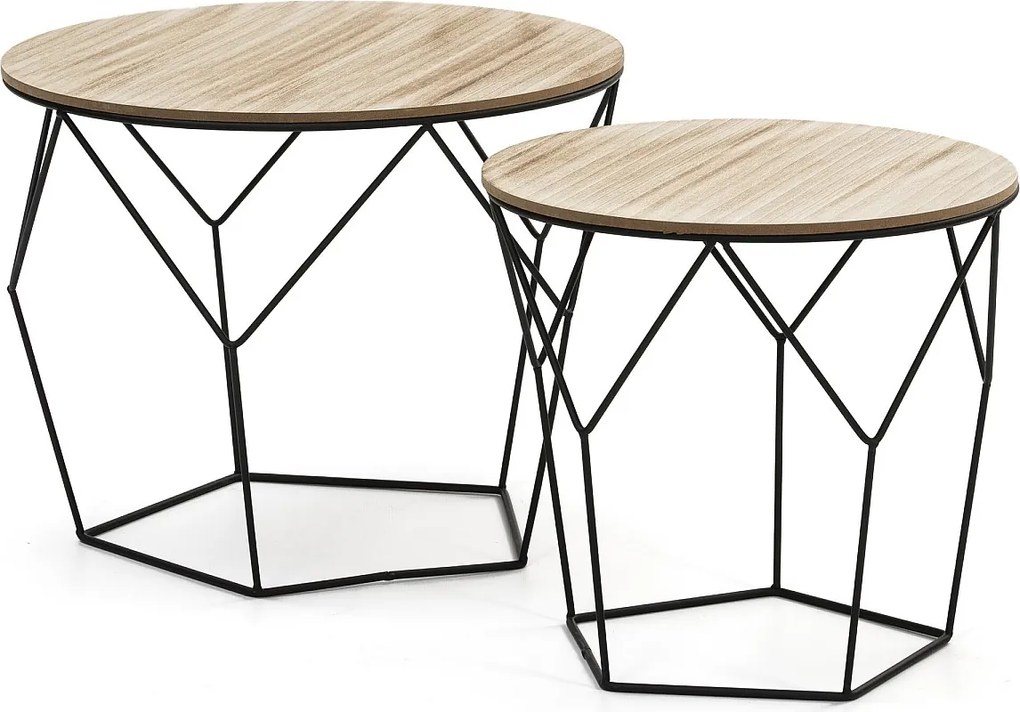 Zestaw dwóch niskich stołów kawowych Tokio, blaty z naturalnej okleinowanej drewna i metalowa konstrukcja.