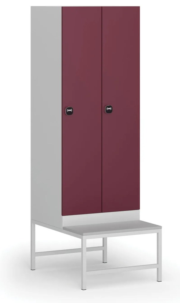 Szafka ubraniowa z ławką, 2-drzwiowa, 1875 x 600 x 500/800 mm, demontaż, zamek RFID, drzwi czerwone