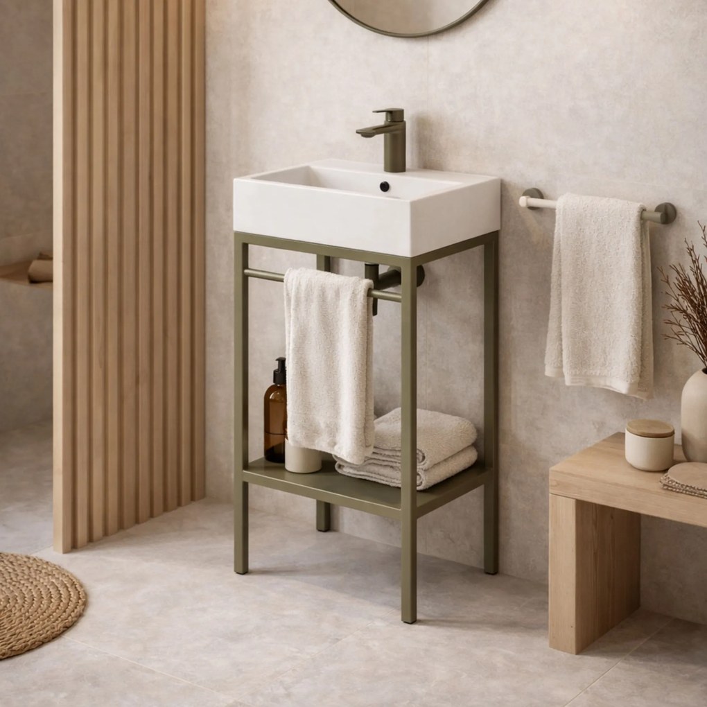 Zestaw umywalka z konglomeratu NAVI 50 x 45 cm + stojąca konsola NAVI Step | Różne kolory | Różne rozmiary : Kolor - Oliwkowy, Otwór na baterię - Jeden otwór, Rozmiar - 50 x 45 cm