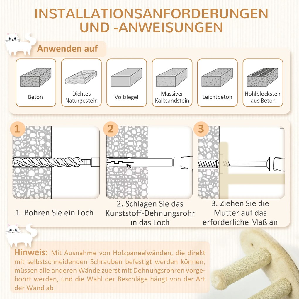 PawHut Schodki dla Kotów do Montażu na Ścianie 40cm Beżowe Schody dla Kota z Miejscem do Wypoczynku i Zabawy | Aosom PL