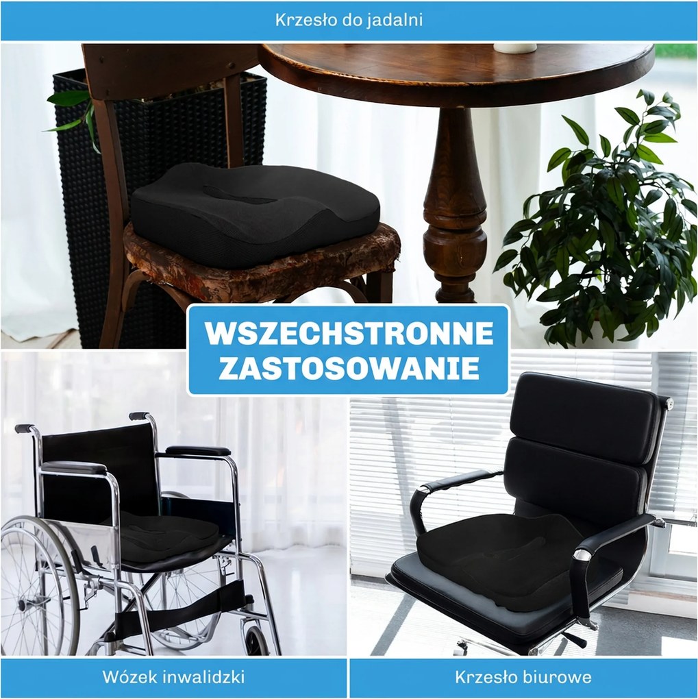 HOMCOM Poduszka siedziskowa, ergonomiczna, z oddychającym pokrowcem, antypoślizgowa, 44x39x13 cm, Czarna