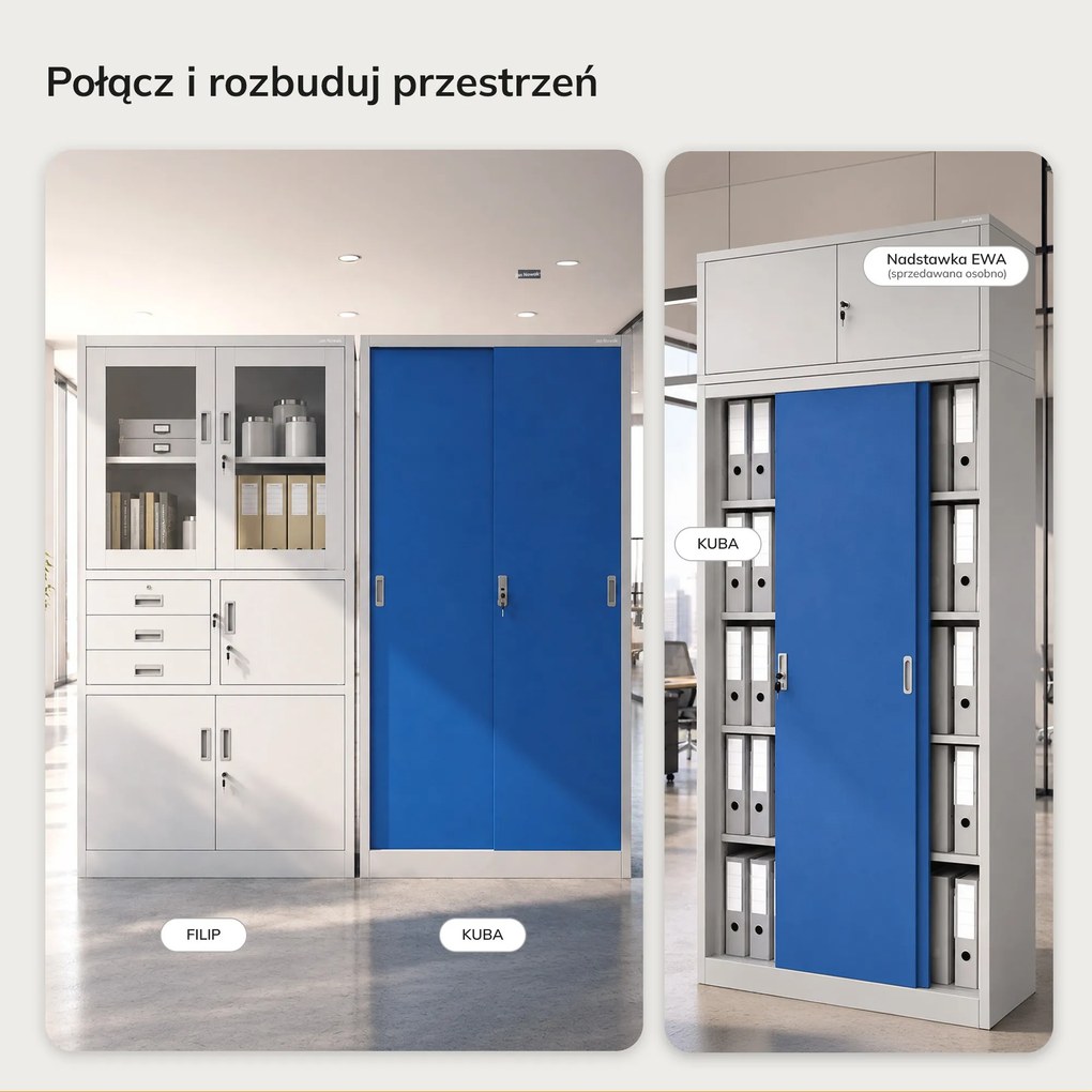 Biurowa szafa metalowa z drzwiami przesuwnymi szaro-niebieska: KUBA 900 x 1850 x 400 mm