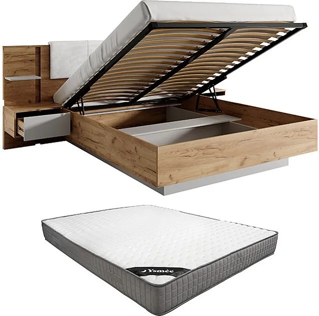 Łóżko ze skrzynią i szafkami nocnymi 160 x 200 cm - Z oświetleniem LED - Kolor: Naturalny i biały + Materac - ELYNIA