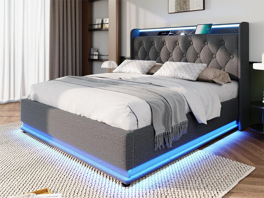 Łóżko z pojemnikiem 180x200cm z lnu - z LED i gniazdami USB & Type-C - Szare