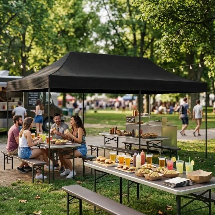 Pawilon ogrodowy 6x3 m czarny FGC1 - namiot eventowy automatyczny, regulowana wysokość