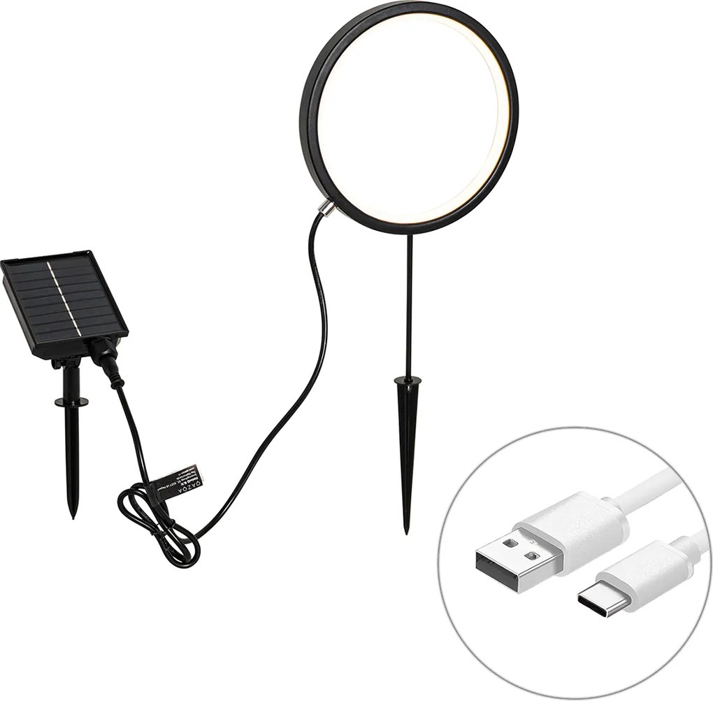 Lampa kolcowa czarna 50 cm z wbudowanym akumulatorem i panelem słonecznym LED IP65 - Adalind