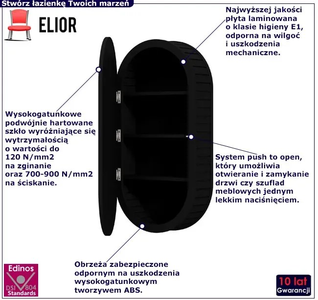 Czarna wisząca szafka łazienkowa z lustrem - Ekola 4X