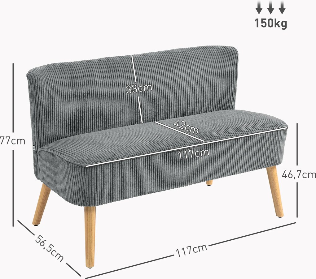 HOMCOM Sofa 2-osobowa, Drewno, Aksamitny poliester, Pianka, 117 x 56,5 x 77 cm, Szara