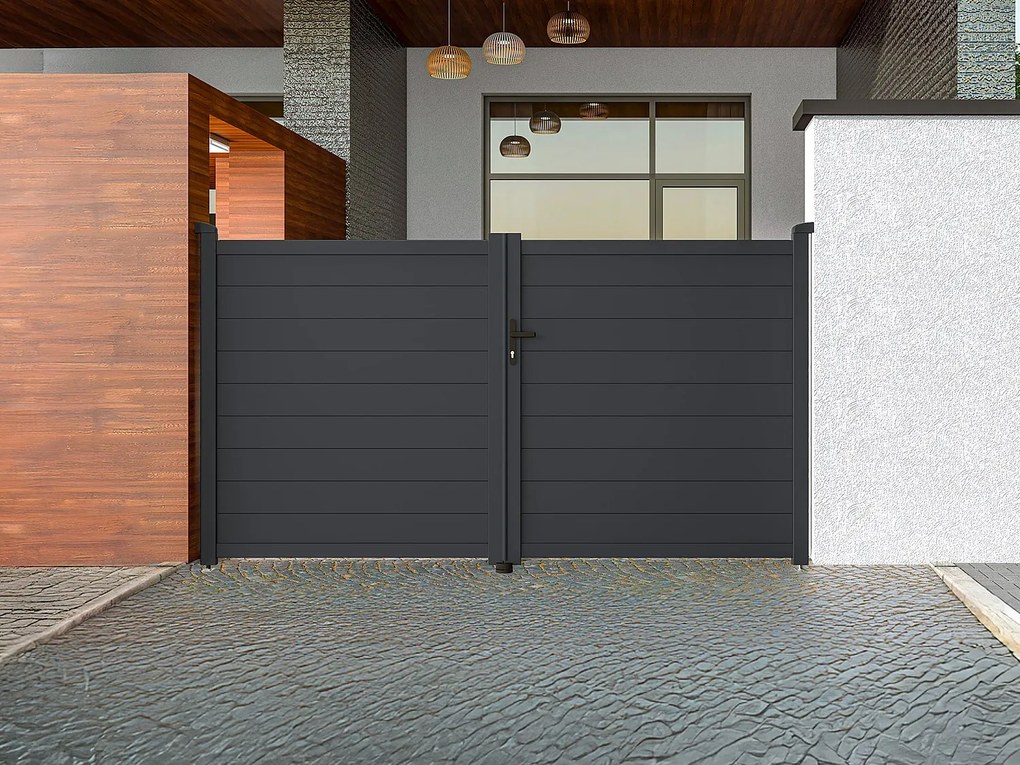 Brama wjazdowa rozwierna NAZARIO, pełna, z aluminium w kolorze antracytowym – 300 × 158 cm (szer. × wys.)