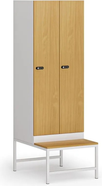 Szafka ubraniowa S1 z ławką, 2-drzwiowa, 1875 x 600 x 500/800 mm, demontaż, zamek mechaniczny z kodem, drzwi laminowane, buk