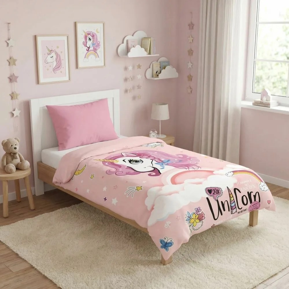 Kvalitex Dziecięca pościel bawełniana Unicorn różowy, 140 × 200 cm, 70 × 90 cm