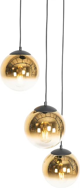 Lampa wisząca w stylu art deco czarna ze szklanymi kulami w kolorze złotym, okrągła, 3-światłowa - Pallon