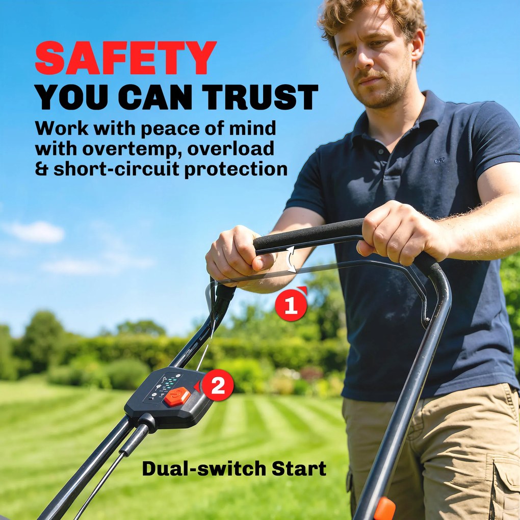 Outsunny Elektryczna Kosiarka 800 W z szerokością cięcia 40 cm, pojemnik na trawę 45 l, wskaźnik akumulatora, ochrona przed przeciążeniem, 7 wysokości cięcia | Aosom PL