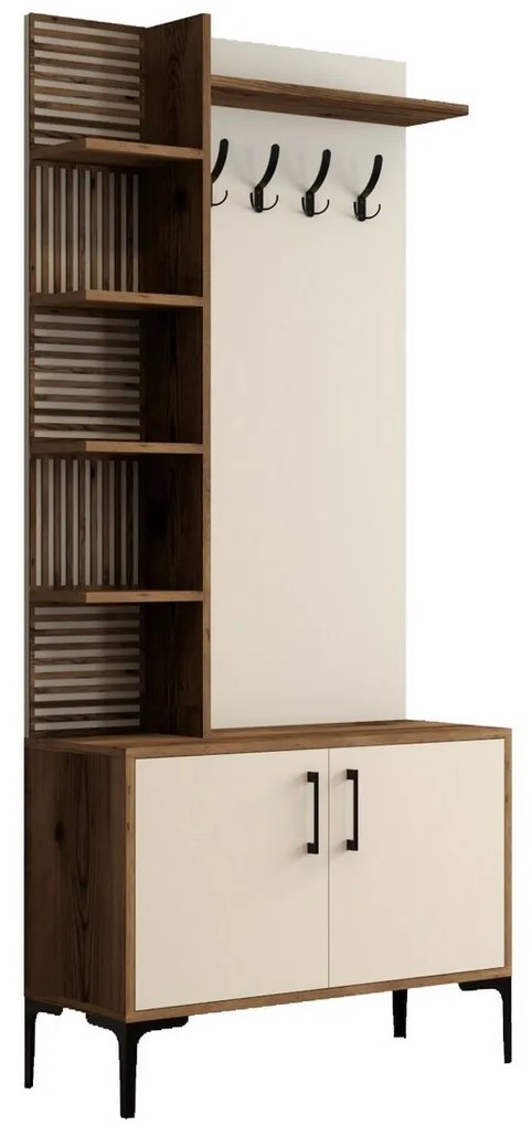 Wieszak z szafką na buty i półkami Viyana Walnutand Cream